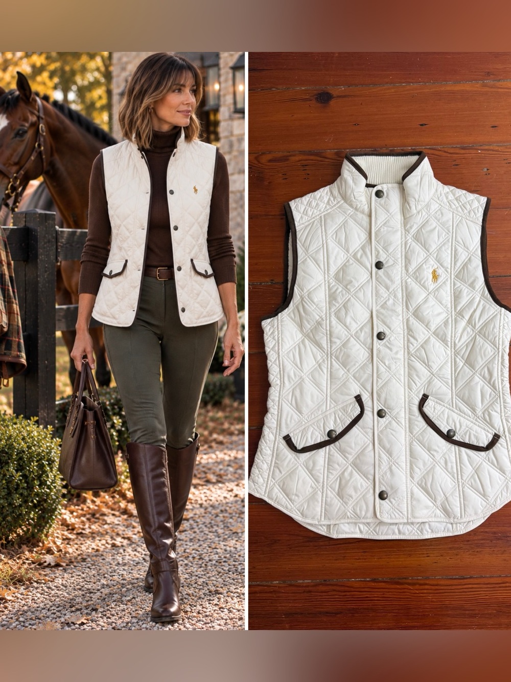 Polo Ralph Lauren White Quilted Sleeveless Stand Collar Preppy Vest Sz S 🧡🍄